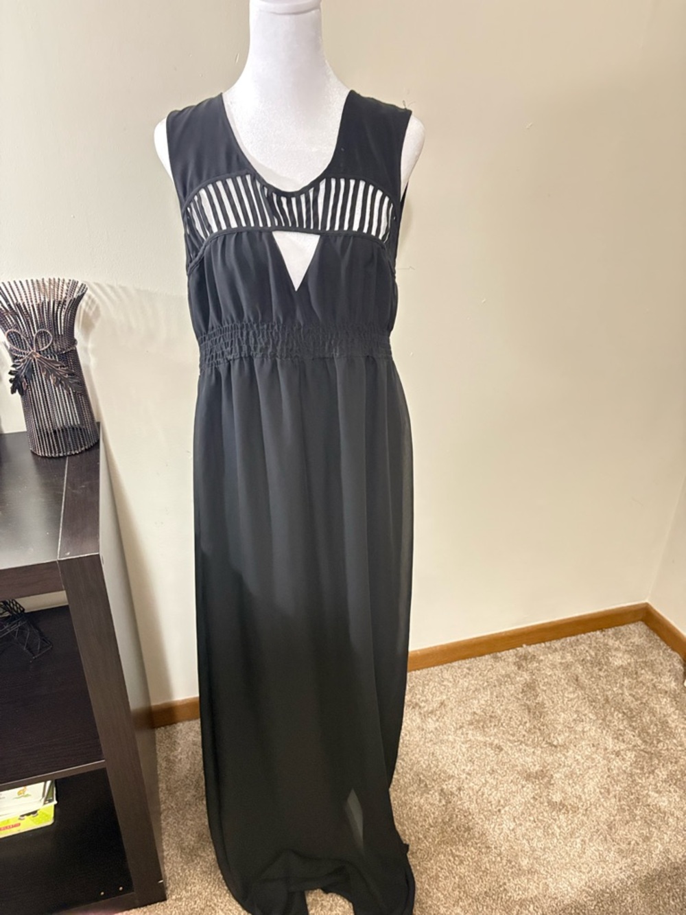Black Sleeveless Maxi Dress with Sheer Stripe Yoke and Smocked Waist